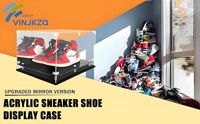 Acrylic Sneaker Display Case, Clear Shoe Box with Mirror Back & Elevated Base, 3mm Thick Collectible Display Showcase for High Tops, Fits up to US Size 15, Dustproof Organizer (Assembly Required)