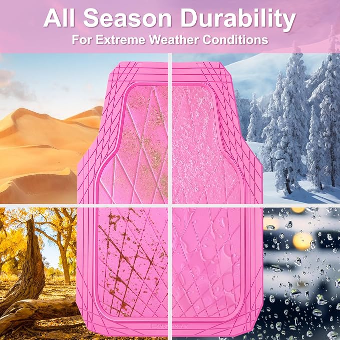 CAR PASS Piping Luxury Leather Two Front Car Seat Covers and 3 Piece Heavy Duty Deep Dish All Weather Rubber Car Floor Mats, Universal Fit for 95% Sedan SUV Van Truck, All Pink
