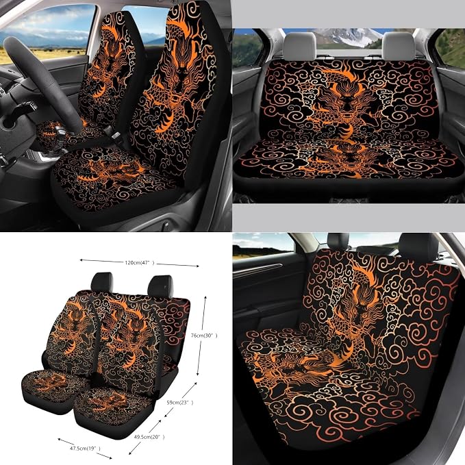 Dragon Print Auto Interior Sets Front Rear Car Seat Covers Steering Wheel Cover Seat Belt Cover Coasters Trash Can Air Outlet Pocket Universal