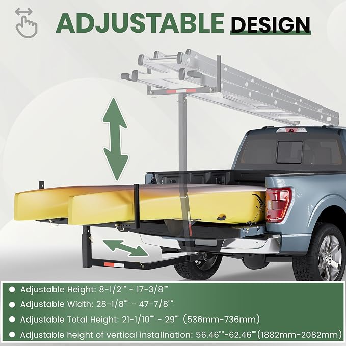 ECOTRIC 750lbs Capacity Black Truck Bed Extender Pickup Truck Bed Hitch Mount Extension Rack SUV Lumber Ladder Canoe Boat Kayak Long Pipes w/Flag - Powder Coated Steel