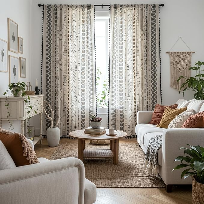ColorBird Boho Curtains 2 Panels 90 Inches Long Patterned Print Western Aztec Light Filtering Semi-Blackout Curtain with Black Tassel Rod Pocket Window Treatment Long Drapes for Living Bedroom Closet