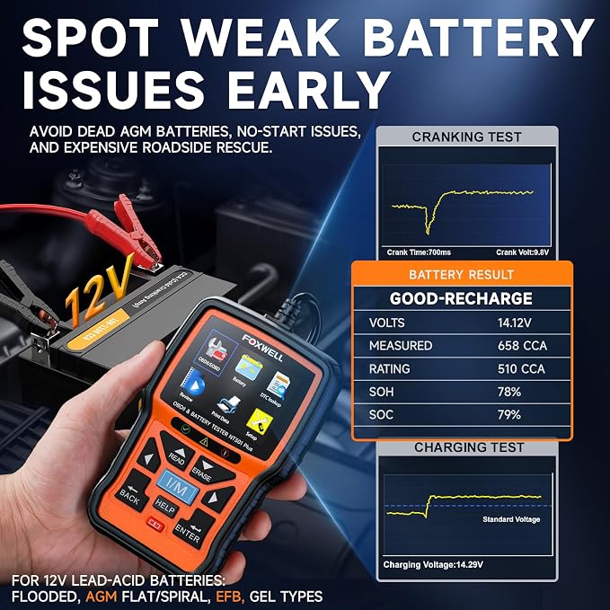 2-in-1 FOXWELL NT301 Plus OBD2 Scanner with 12V Battery Tester, Check Engine Light Code Reader, Car Battery/Starter/Charging System Test, Live Data Diagnostic Tool for 1996+ OBDII Vehicles