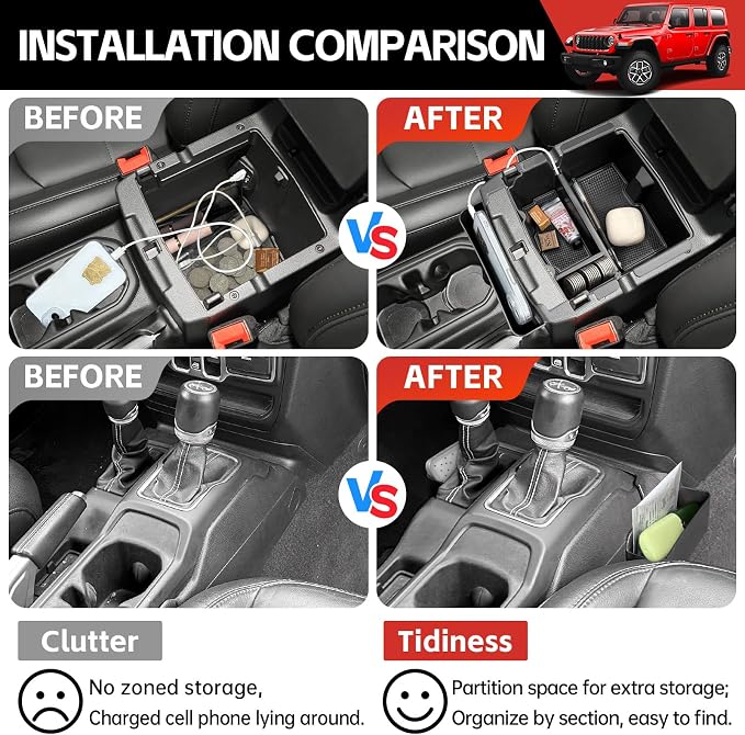 Center Console Gear Shift Organizer Fit for 2018-2025 Jeep Wrangler JL JLU 4XE/Gladiator JT Center Console Armrest Storage Hanging Tray for Wrangler&Gladiator(3-piece Center Console Organizer)