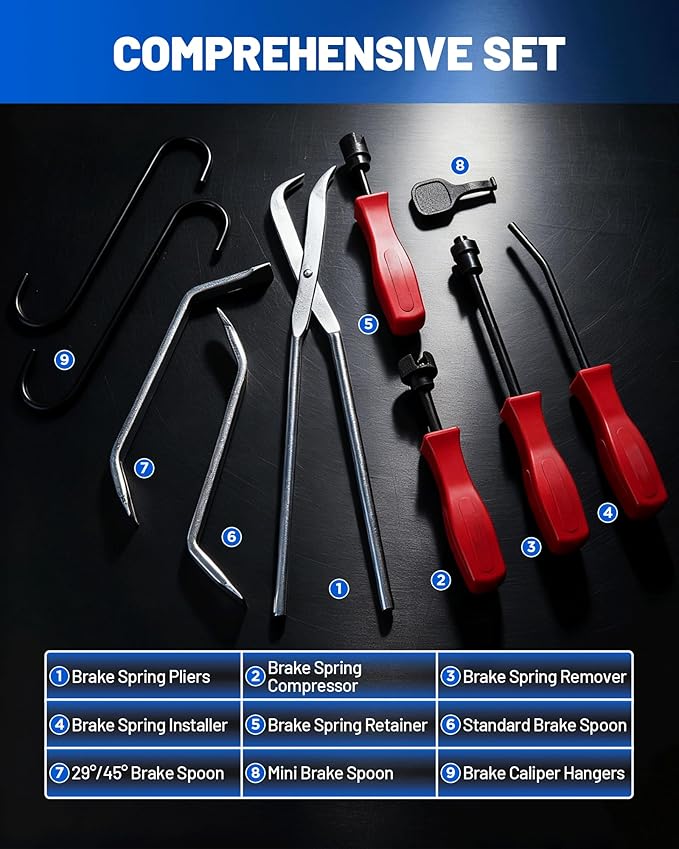 10-Piece Drum Brake Tool Kit with Case & Gloves - Professional Brake Spring Pliers, Remover, Installer, Compressor & Spoon Adjusting Tool Kit for Auto Repair - Heavy-Duty 45# Carbon Steel