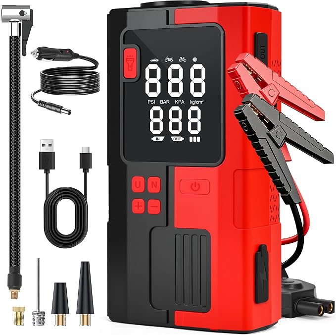Jump Starter with Air Compressor, 5000A Tire Inflator, 16.8V Portable Jump Box with LED Light/Flashlight for 9.0L Gas/6.0L Diesel, Car Battery Jumper Starter Portable, Jumper Cables