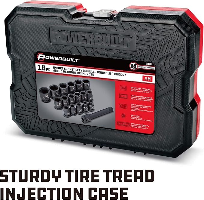 Powerbuilt 18 Piece Metric Impact Socket Set, 1/2 Inch Drive, 5 Inch Extension Bar, Size Markings, Z-Drive Sockets Grip, Storage Case - 940838