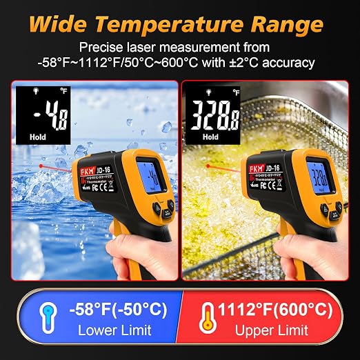 FKM Infrared Thermometer Gun Non-Contact Laser Temperature Gun,-58°F~1112°F,Adjustable Emissivity,Digital IR Thermometer Gun for Industrial,HVAC,Automotive,Cooking,Griddle,Pizza Oven,BBQ,Not for Human