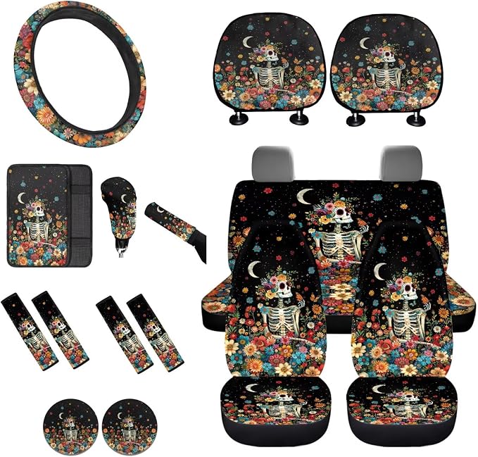 Lotusorchid Skeleton Floral Print Seat Covers for Cars Full Set, Decorative Auto Seat Covers Seatbelt Cover and Armrest Cover for Car, Removable Automobile Interior Sets