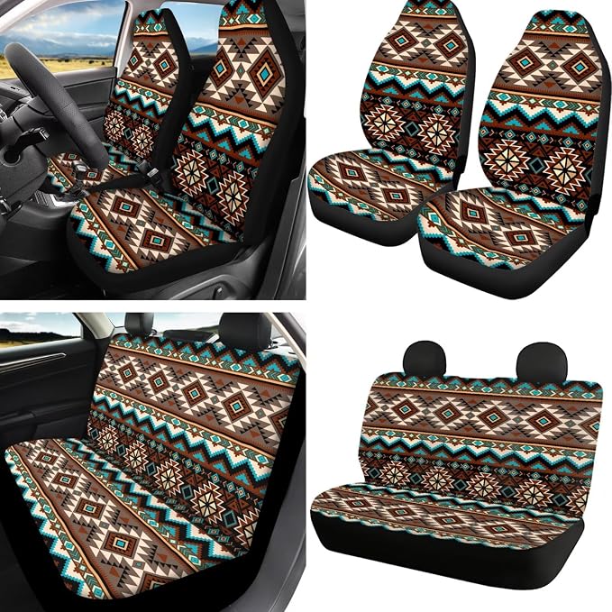 Howilath Southwest Aztec Tribal Car Seat Cover Set SUV with Steering Wheel Protector/Seat Belt Shoulder Pads/Keychains/Coasters Set of 13 Auto Accessories