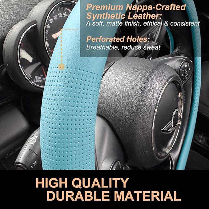 PINCTROT Nappa Leather Steering Wheel Cover, Slim Fit No Bulk Design, One Piece Leather with Breathable Perforation, Fit Like Gloves, Universal 14.5-15 Inch(Nappa Aqua)