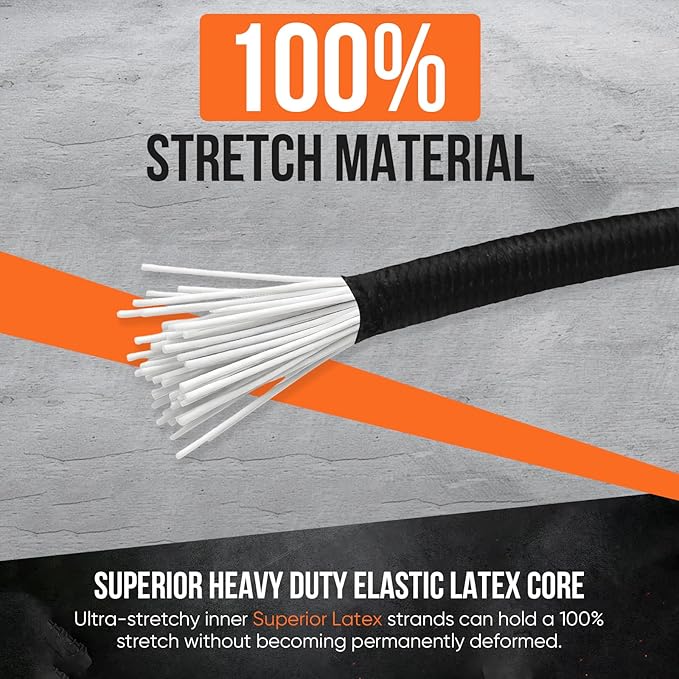 Marine Grade Heavy Duty Bungee Cord Roll with 12 Hooks 12 Bungee Balls- Black Elastic Shock Cord for Kayak Deck, Outdoor Camping, Tarp Tie Downs, Bike Rack, DIY Assorted Bungee Ropes(1/8" x 100ft)