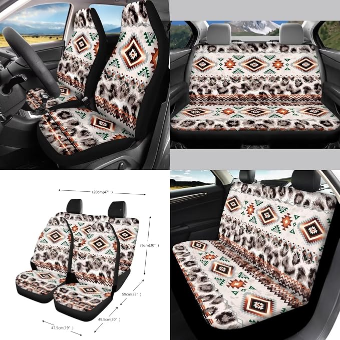 Wanyint Car Seat Cover Covers with Steering Wheel Seat Belt Strap Pad Trash Bag Phone Holder Rearview Mirror Accessories Cup Holder Key Chain Auto Decor, 15 Pack, Aztec Navajo Leopard Print
