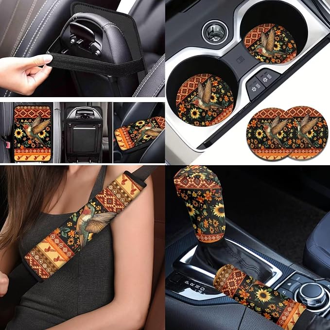 BIGCARJOB 12 Pcs Sunflower Car Seat Covers Full Set for Women Interior Accessories Auto Seat Protector Set Tribal Hummingbird Print Armrest Cushion,Seat Belt Pads,Steering Wheel Covers