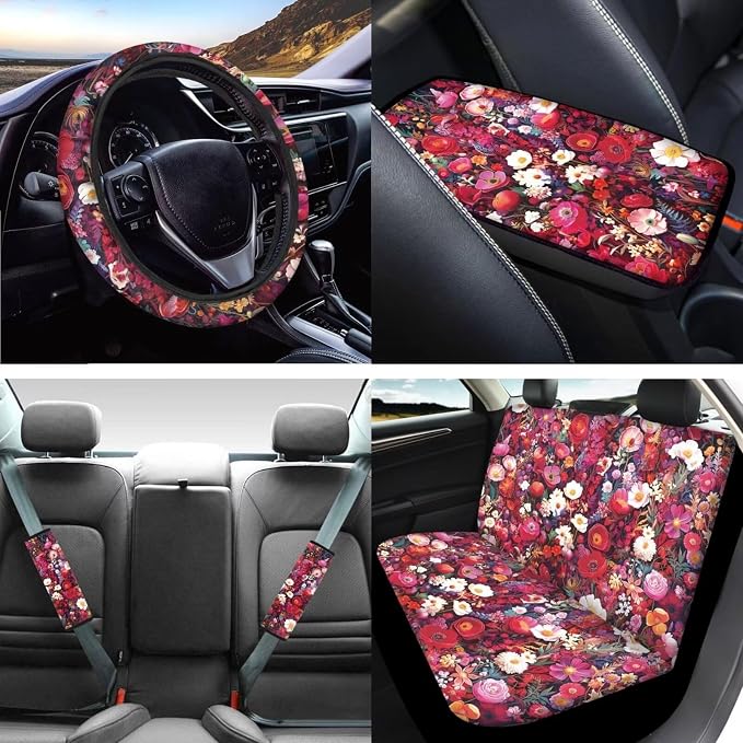 Mumeson Pink Flowers Car Seat Cover Set with Soft Neoprene Steering Wheel Cover + Soft Car Seatbelt Cushion Pad Car Armrest Cushion Cover Pad Car Accessories Decor