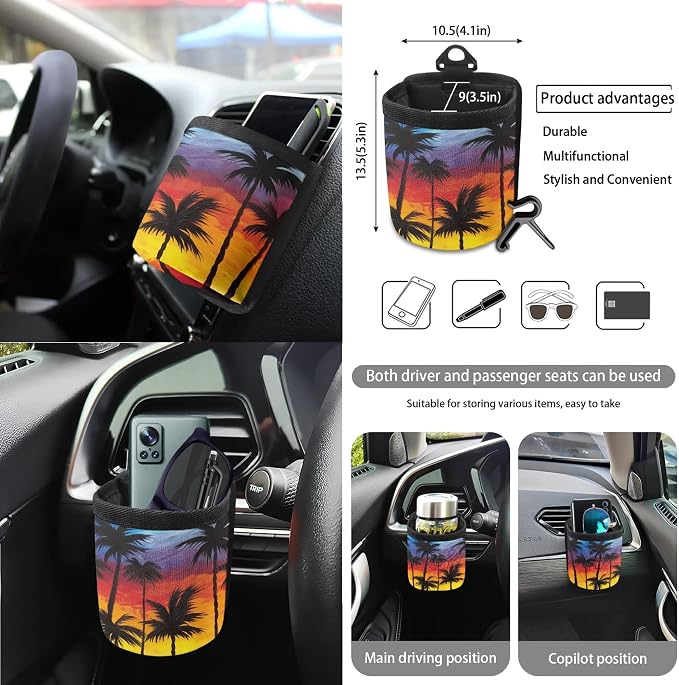 Tropical Palm Tree Print 15 Pack Car Seat Cover Set with Steering Wheel Covers Seatbelt Strap Pad Garbage Cans Rear View Mirror Cover Coasters Key Chain Universal Fit