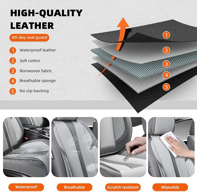 5-Seater Car Seat Covers Full Set Waterproof and Breathable Nappa Leather, Fit for Front and Rear Seats of Cars, Compatible with Airbags, Car Seat Protector Covers for Most Cars - Light Gray