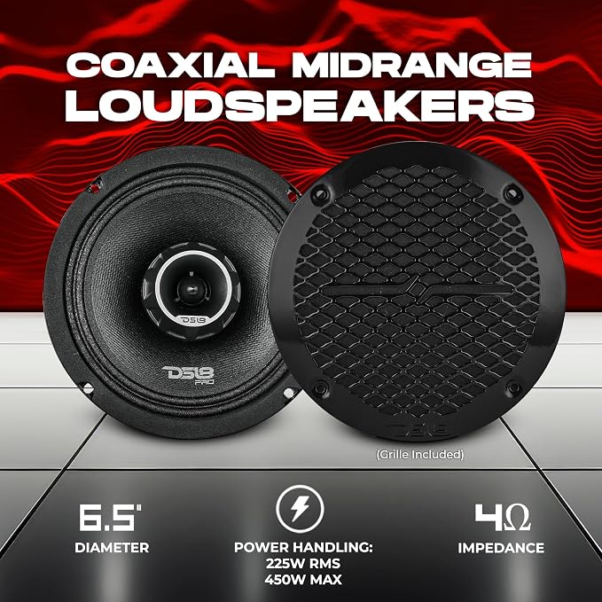 DS18 PRO-ZT6 6.5-Inch 2 Way Pro Audio Midrange Speakers with Built-in Bullet Tweeter 4-Ohms 450W Max 225W RMS Water Resistant - Black Metal Mesh Grill Included (1 Speaker)