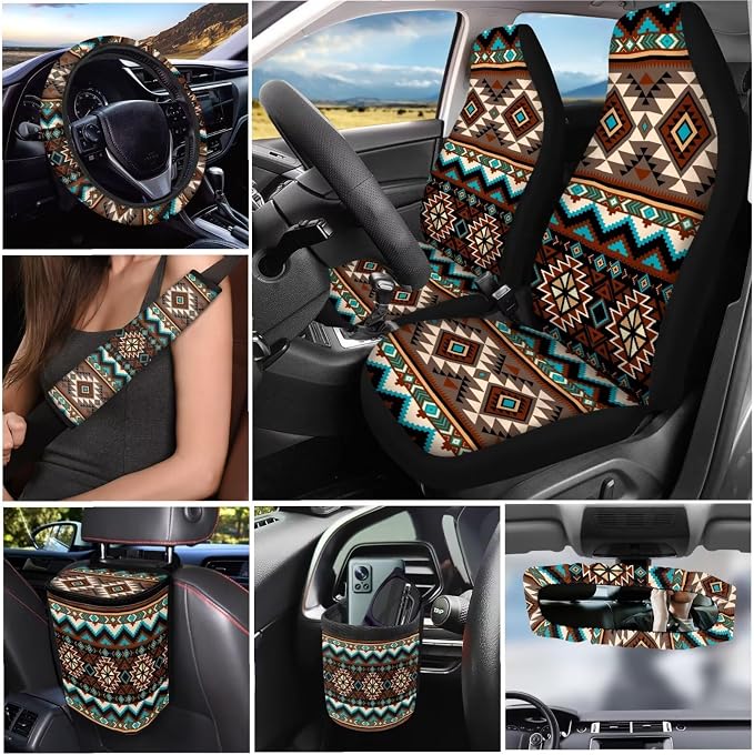 Dreaweet Navajo Seat Covers Full Set Native American Tribal Geometric Pattern Car Seat Cover Steering Wheel Cover Seat Belt Pads Trash Bag Vent Storage Bag Rearview Mirror Cover Coasters Keychain 15pc