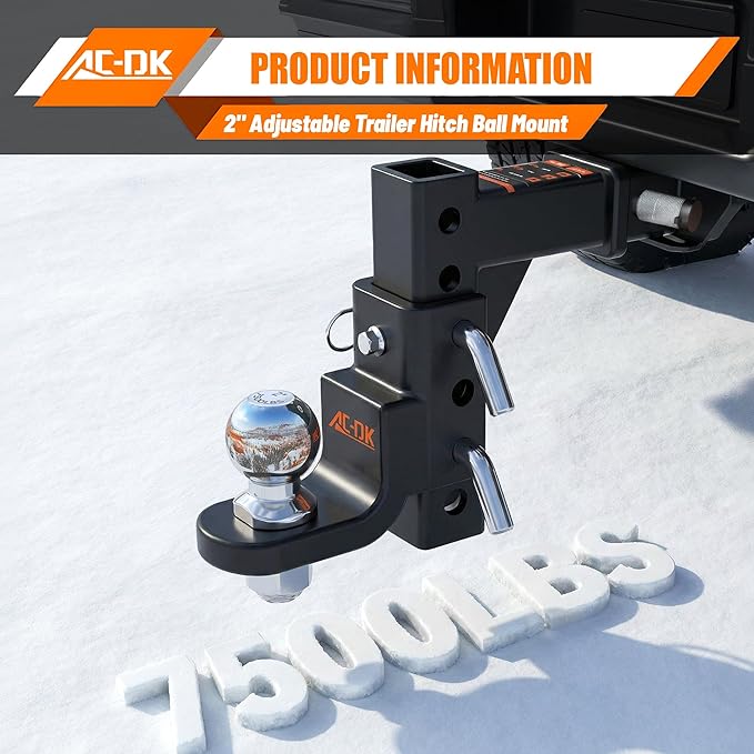 Adjustable Trailer Hitch for 2 inch Receiver,9-1/2" Drop & 8-1/4" Rise,Tow Hitch with 2 inch Ball,7500 LBS GTW/750 LBS TW, Includes 2 Pin&Clips and 5/8" Pin Lock