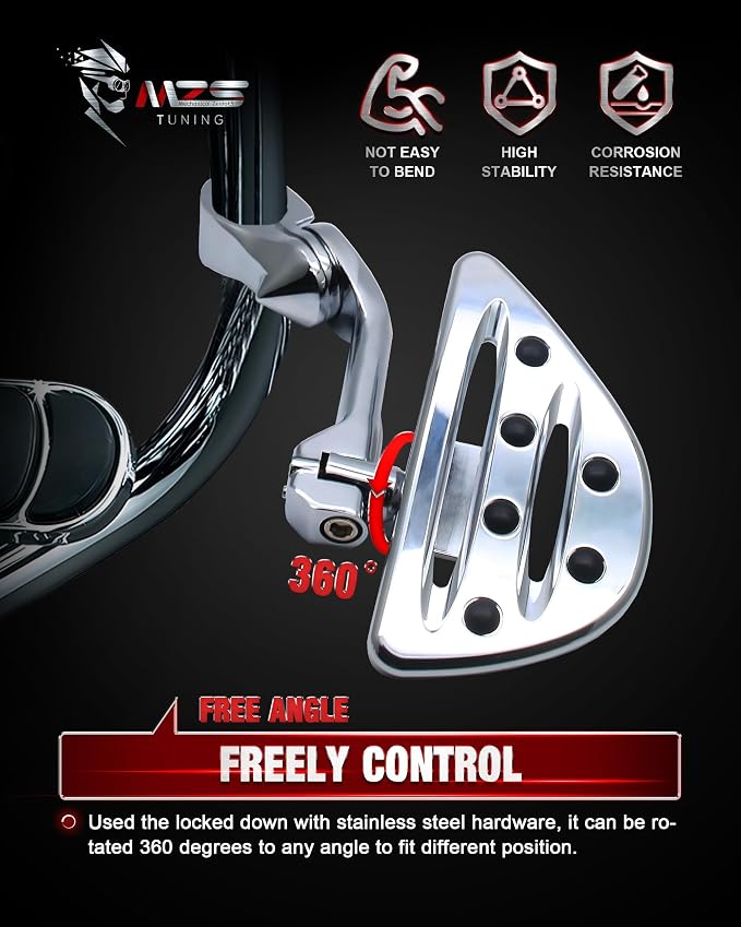 MZS Motorcycle Highway Pegs, 1.25" Long Angled Adjustable Touring Wide Foot Peg Mount Chrome Compatible with Softail Sportster Electra Road Glide Road King Street Glide for 1 1/4 Engine Guards Bar