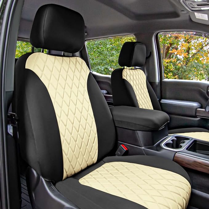 FH Group Custom Fit Car Seat Covers Specifically Made for 2019-2023 GMC Sierra 1500 2500HD 3500HD SLT AT4 Denali - Ultraflex Neoprene Water Resistant Automotive Seat Covers - Front Set Beige