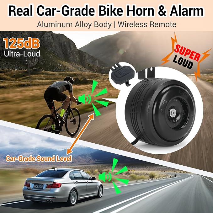 Electric Bike Horn and Alarm System, 125dB, USB-Rechargeable, Waterproof, Remote Control