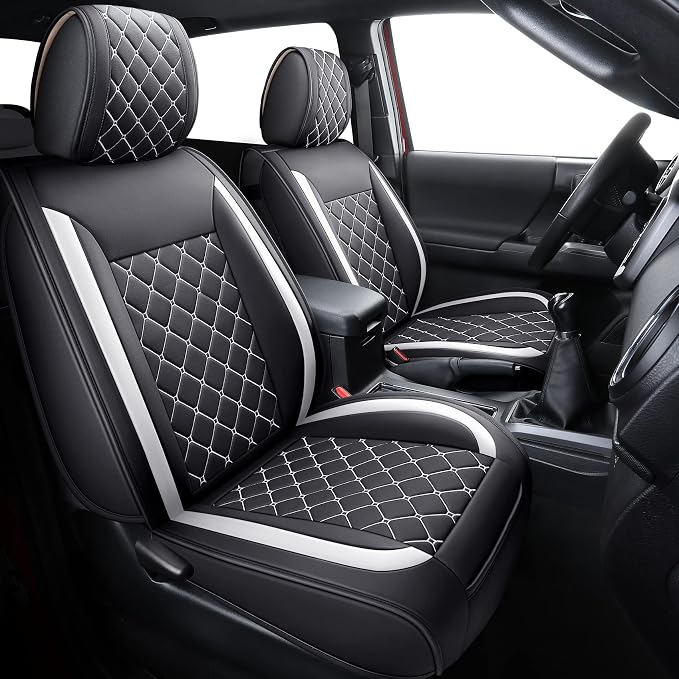 Tomatoman Tacoma Seat Covers Customized for 2005-2025 2026 Sport Double Cab SR V6 Pickup Truck, Waterproof Faux Leather Car Cushions(2 PCS Front, Black-White)