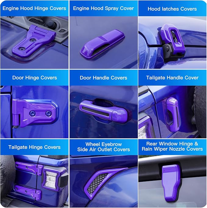 Barong for Jeep Wrangler JL JLU 2018-2025 Accessories Exterior Decoration Door Hinge Handle Engine Hood Hinge Hood Latch Wheel Eyebrow Side Air Outlet Rear Window Hinge Cover 26PCS Full Set(Purple)