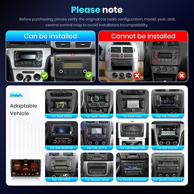2G+64G for VW Passat Tiguan Golf Jetta T5 EOS Polo Skoda Android Car Stereo with Wireless Carplay Android Auto, 9“ Touch Screen Bluetooth Car Radio Support GPS Navigation WiFi FM SWC+Backup Camera