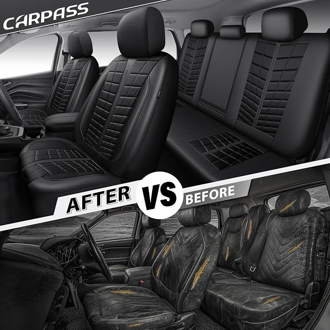 CAR PASS 3D Foam Mesh Leather Car Seat Covers Full Set, Breathable Premium Leather Seat Covers for Car, Anti Slip Universal Fit for Trucks Cars Sedans Vans SUVs, Airbag Compatible, All Black