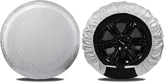MOONET Tire Covers for RV Wheel (2 Pack Silver), Oxford Waterproof UV Sun Protectors for Motorhome Boat Trailer Camper Van SUV, D99cm x H28cm for Diameter 36"-39"