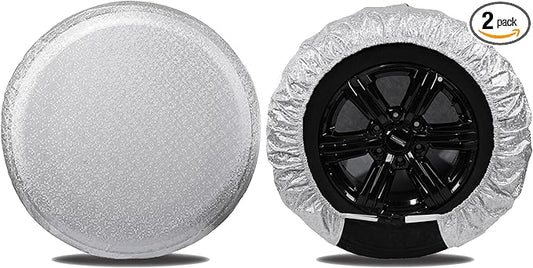 MOONET Tire Covers for RV Wheel (2 Pack Silver), Oxford Waterproof UV Sun Protectors for Motorhome Boat Trailer Camper Van SUV, D66cm x H28cm for Diameter 24"-26"