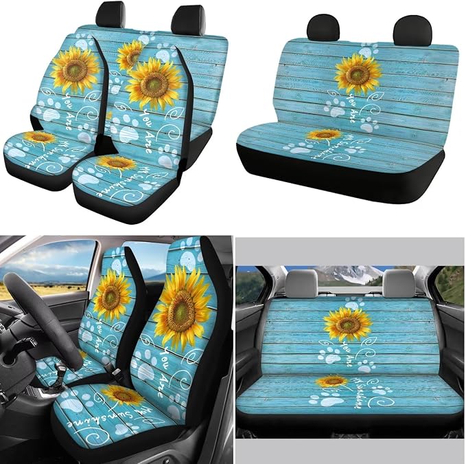 POLERO 11pcs Car Seat Covers Sunflower on Board Print Steering Wheel Cover Set 11pcs You are My Sunshine Seatbelt Pads with Dog Paws Car Coasters