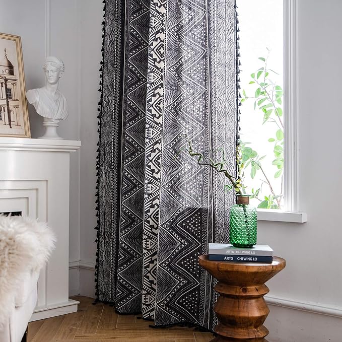 ColorBird Boho Curtains Grey Farmhouse Light Filtering 84 Inches 2 Panles MCM Western Striped Aztec Window Treatment Patterned Drapes for Living Dining Room Bedroom Boho Chic Decor