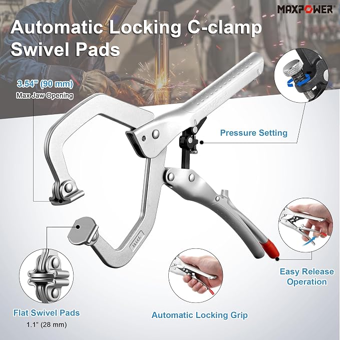 MAXPOWER 12-Inch Self-Adjusting Locking C-Clamp, Swivel Pads, C Clamp Locking Pliers, 3.14" Throat Depth, 3.54" Jaw Capacity, 925 lbs Maximum Clamping Force
