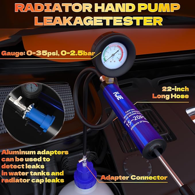 KJE 31PCS Coolant Pressure Tester Kit, Radiator Pressure Tester Kit with 23 Radiator Adapters, and Coolant Vacuum Refill Kit for Automotive Cooling System Water Tank Leakage Detection