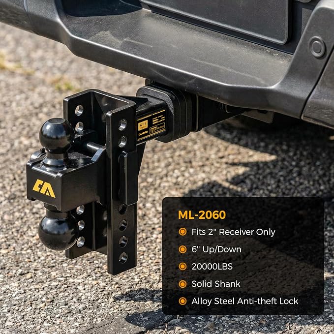 CAMMOO Adjustable Trailer Hitch, Tow Hitch Fits 2 inch Receiver, 6 inch Rise/Drop Hitch, 2" and 2-5/16" Ball Hitch, 20000 LBS GTW Truck Hitch with U-Shaped Alloy Steel Anti-Theft Pin, Black, ML-2060