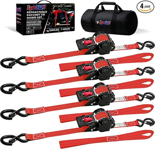 Retractable Ratchet Straps (4-Pack) - Heavy Duty Auto Slow Retraction Tie Down Straps - 1 Inch x 13 Feet (1,800lb Break Strength) for Truck, Cargo Trailer, Motorcycle, ATV, UTV - Red
