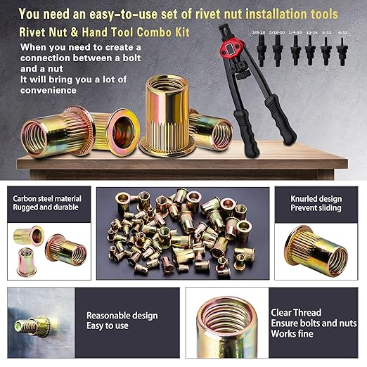 ASE Pressure Rivet Nut Tool Kit, 770PCS (3/8-16,5/16-18,1/4,10-24,8-32,6-32) Imperial Rivet Nut, Suitable for Furniture, Decoration, Automotive, Marine and Industrial Applications