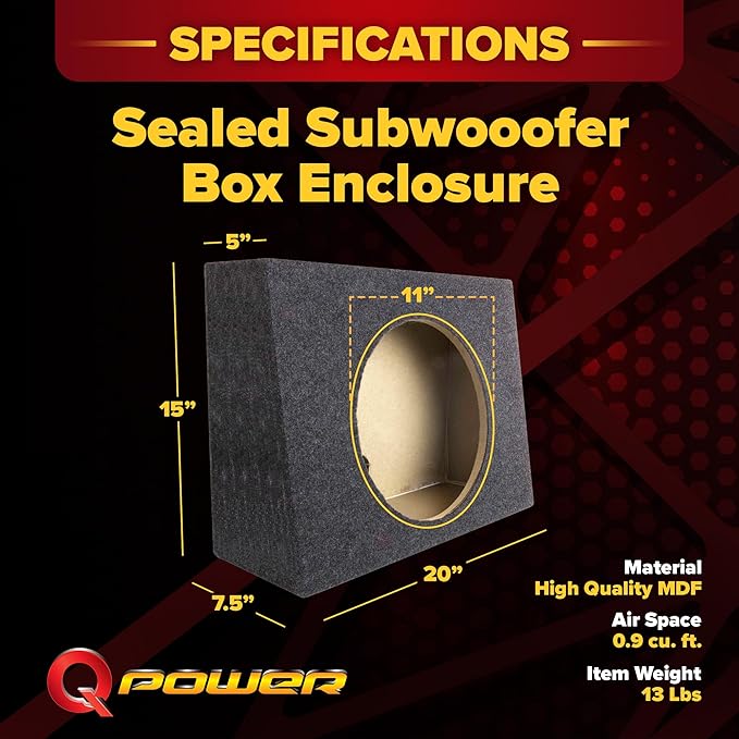Q Power 12-Inch Sealed Slim Shallow Truck Subwooofer Box Enclosure | TW12-SINGLE