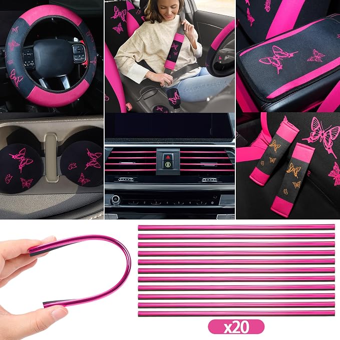 BBTO 47 Pcs Car Seat Full Set Car Accessories for Women 5 Front Rear Seat Covers Wrist Strap 2 Pieces Cup Mat Armrest Pad 2 Belt Cover Accessories for SUV(Rose Red)