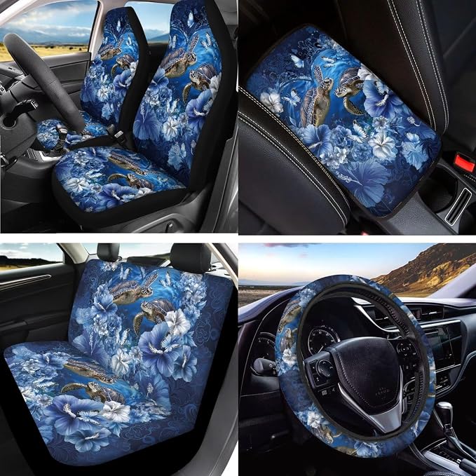 Sea Turtle Car Seat Covers Full Set Hibiscus Printed Car Interior Accessories Set Included Steering Wheel Cover Seat Belt Pad Armrest Protector Coaster for Auto, Blue