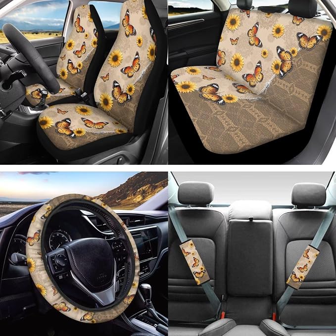 Lotusorchid Butterfly Print Car Seat Covers Full Set, Sunflower Printed Car Front Back Seat Covers Headrest Cover, Comfy Gear Shift Knob Protector Steering Wheel Cover Set of 16