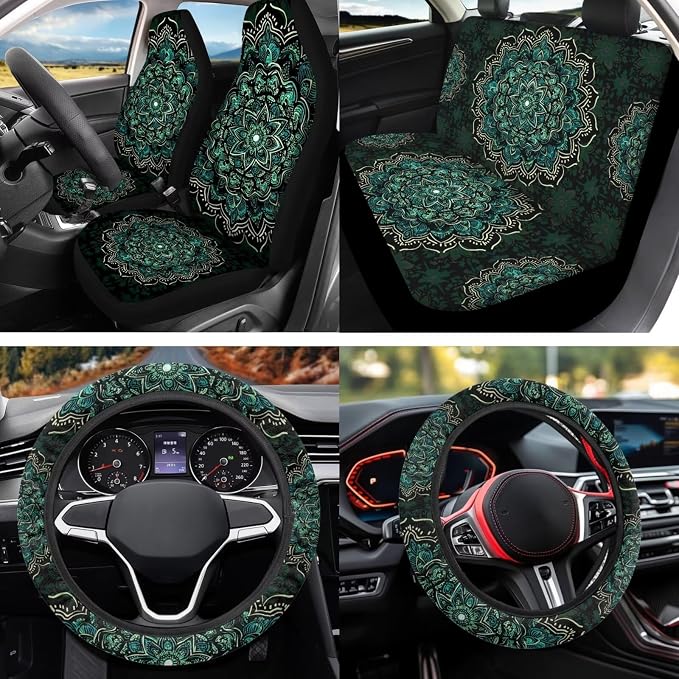 Green Mandala 12 Pack Car Seat Covers Full Set Steering Wheel Cover Seat Belt Cover Keychain Holder Armrest Cushion Protector Universal Fit Most Vehicles Cars SUV