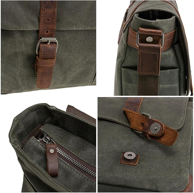 Vintage Genuine Leather Waxed Canvas Briefcase Large Satchel Shoulder Bag Rugged Computer 15.6" Laptop Bag