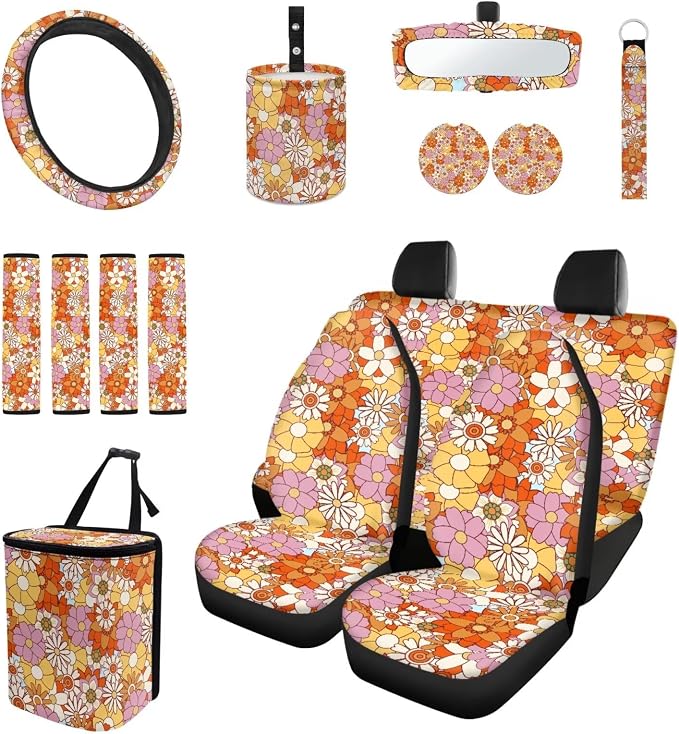 Hippie Flower Car Seat Covers Front Back Seat Cover Full Set with Car Steering Wheel Cover Safe Belt Pads Coasters Garbage Can Rear View Mirror Cover Keychain, 15 PCS