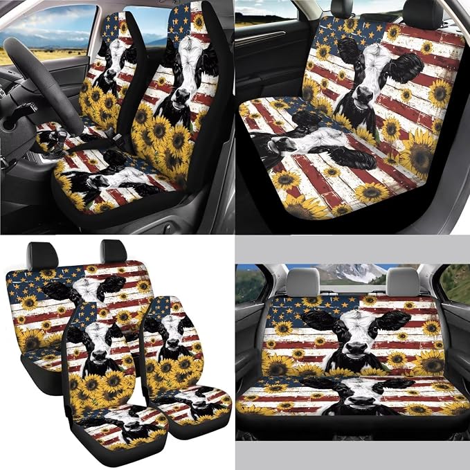 Cow American Flag Sunflower Print Auto Seat Covers Full Set, Car Accessories Set of 13, Breathable Steering Wheel Cover, Seat Belt Pads, Cup Holder Coasters, Universal Fit for Most Cars