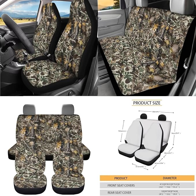 Dreaweet Car Seat Covers Full Set 15 Pcs Camo Deer Hunting Seat Covers with Steering Wheel Cover Seat Belt Pads Trash Bag Air Vent Pouch Rear View Mirror Cover Coasters Keychain