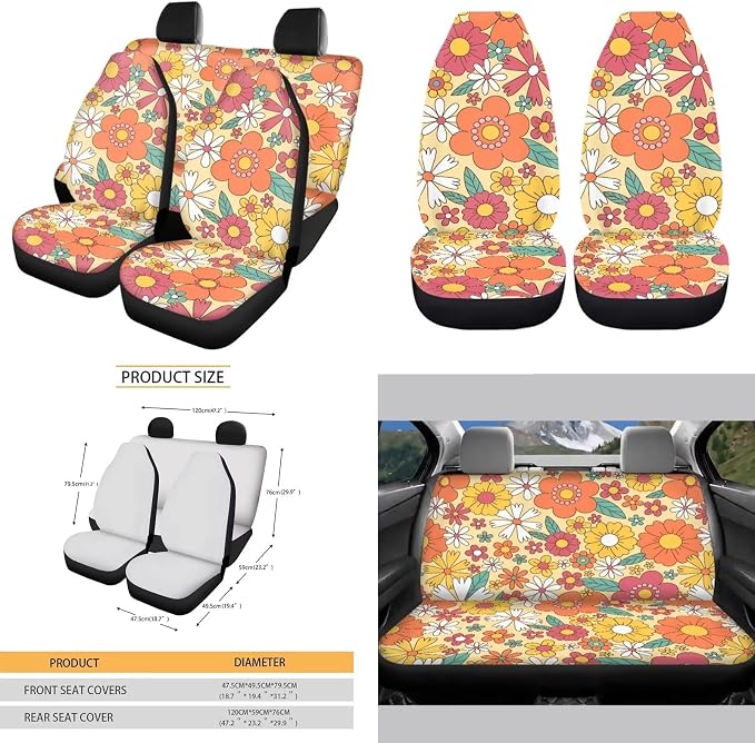 Rainbow Aesthetic Hippie Daisy Wavy Swirl 70s 80s Print Car Seat Covers Full Set for Women Vehicle with Steering Wheel Covers/Seat Belt Pads/Coasters/Keychain/Lipstick Sleeve(13 Pack)