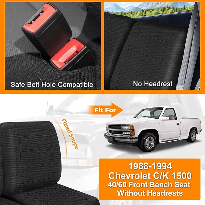 Seat Covers Compatible with 1988-1994 Chevy C/K 1500 40/60 Front Bench Without Headrests, Heavy Duty Knitted Fabric